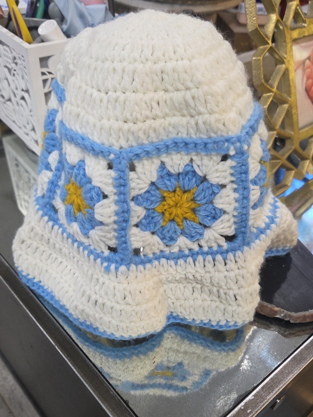 Handmade Crochet Bucket Hat - Cream and Light Blue with Yellow Detail